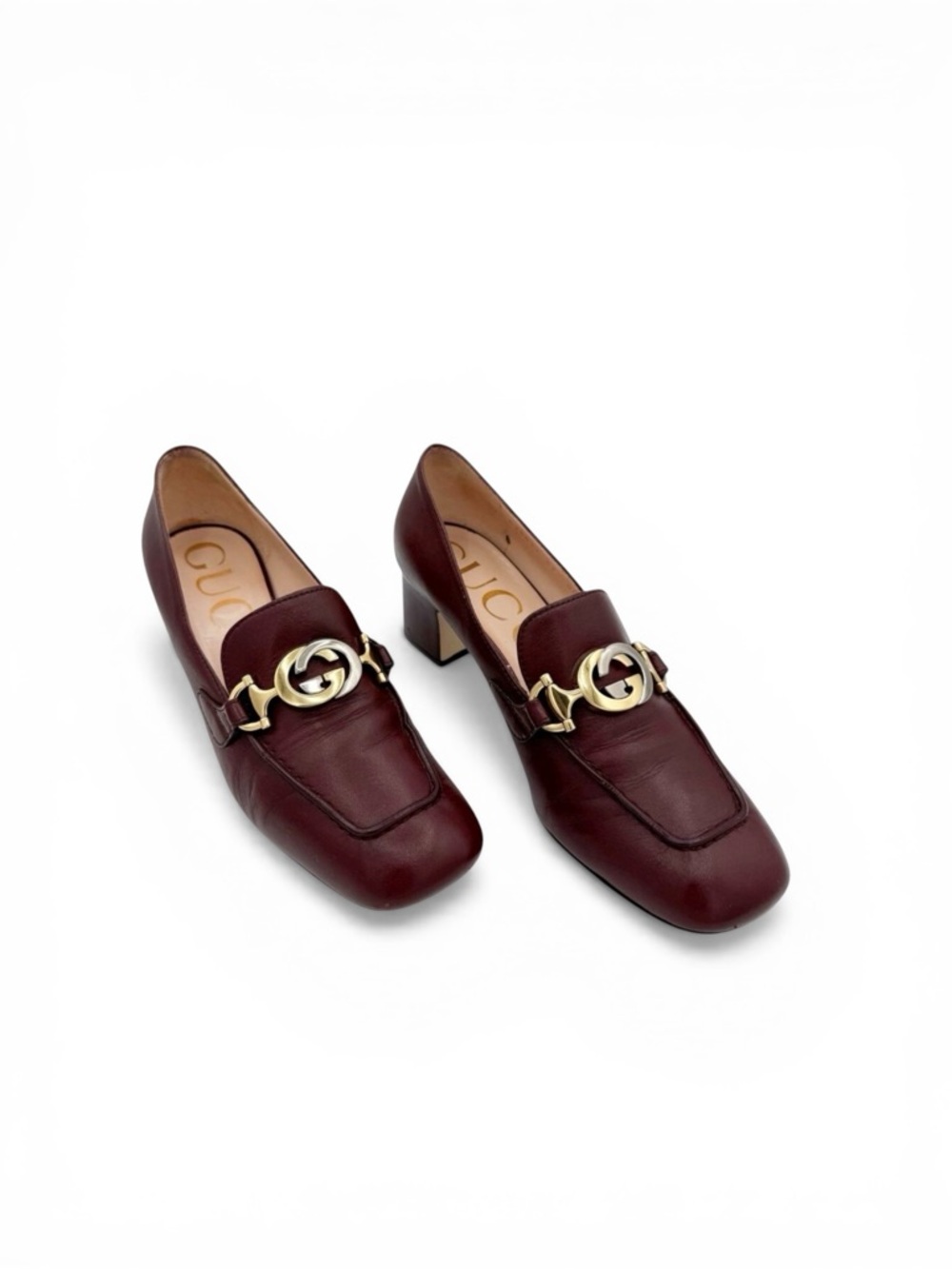 Gucci Zumi Interlocking GG Loafer Pumps EU 37 US 7 Bordeaux Burgundy Block Heel